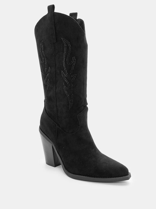 Luigi Synthetic Leather High Heel Cowboy Boots with Zipper Black