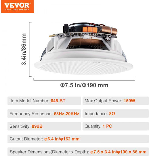 Vevor Ηχείο Οροφής 150W με Bluetooth (Τεμάχιο) Λευκό