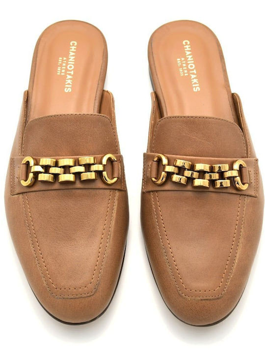 Leather Mules with Heel in Tabac Brown Color