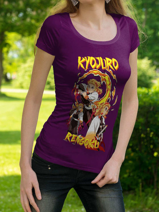 Kyojuro Rengoku Poster T-shirt Μωβ Βαμβακερό