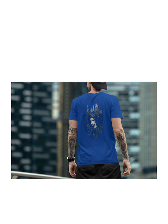 Mystical Castle Portrait T-shirt Blue Cotton