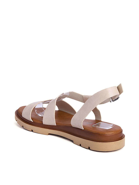 Keep Fred Leather Women's Flat Sandals with Strap in Beige Color