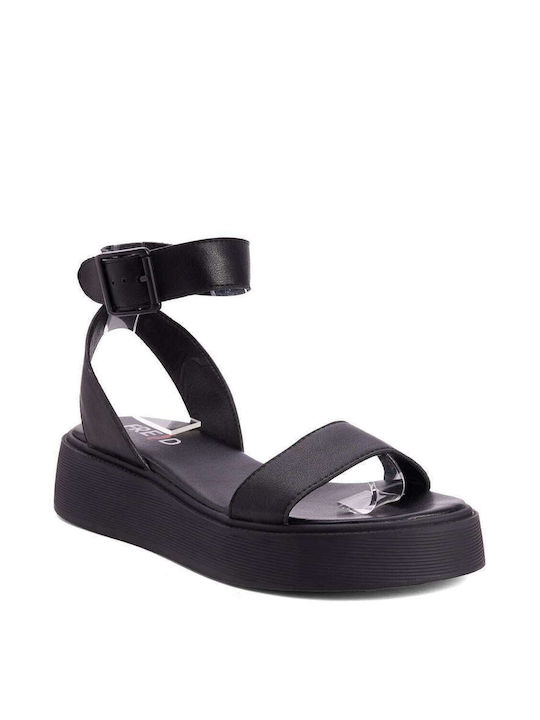 Keep Fred Leather Women's Flat Sandals with Strap Flatforms in Black Color