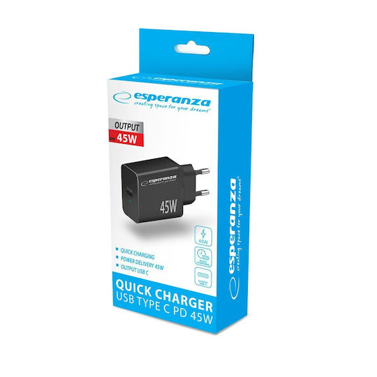 Esperanza Încărcător Fără Cablu cu Port USB-C 45W Livrarea energiei Negruς (EZC108)