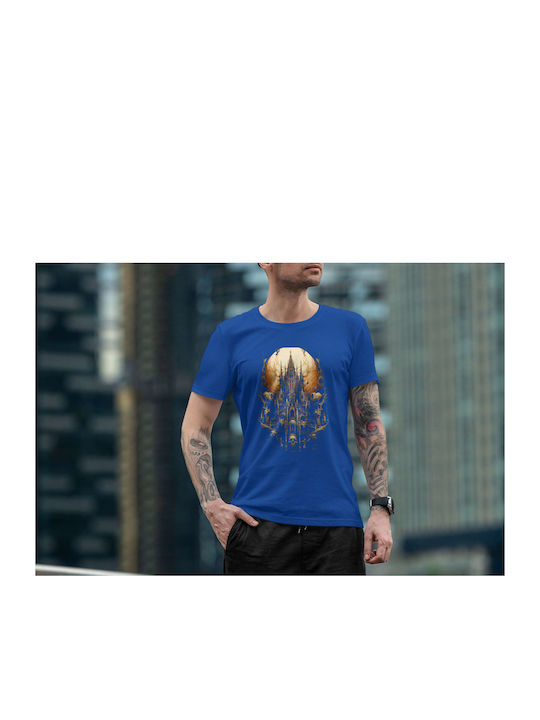 Gothic Castle With Skulls And Full Moon T-shirt Blue Cotton