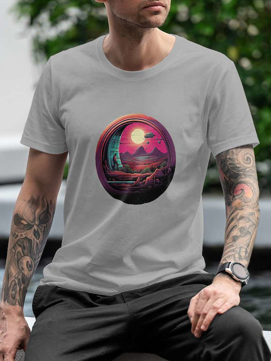 Futuristic Landscape With Spacecraft T-shirt Gray Cotton