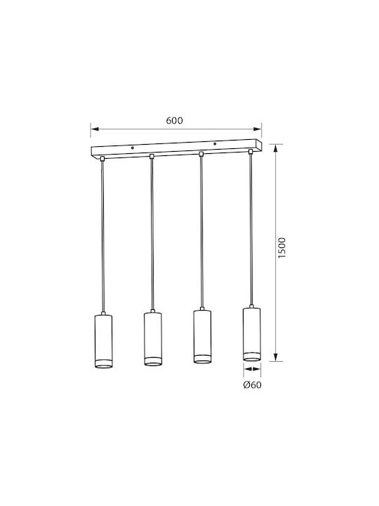 Vivalux Benito Pendant Light Black Rail for 4 Bulbs GU10 60x6x150cm