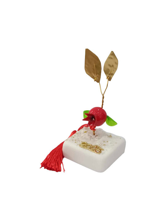 Handmade 2025 charm on a pebble with 2 brass leaves and a pomegranate 2023-B5001 5x5x11cm