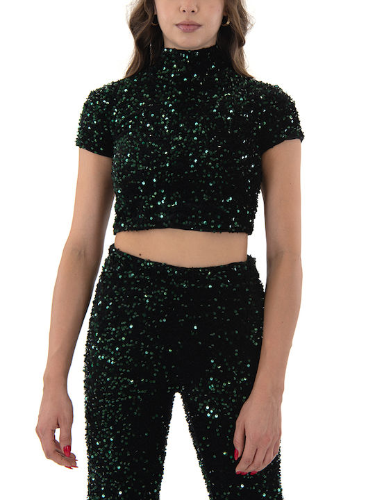 Moutaki Damen Crop Top Samt Kurzarm Black, Green, Forest Green