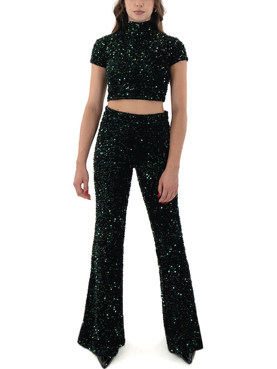 Damen Crop Top Samt Rollkragenpullover Kurzarm Black, Green, Forest Green