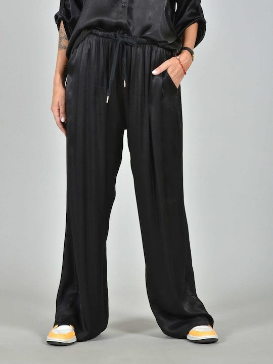 Belle Femme Women's Satin Trousers with Elastic Black