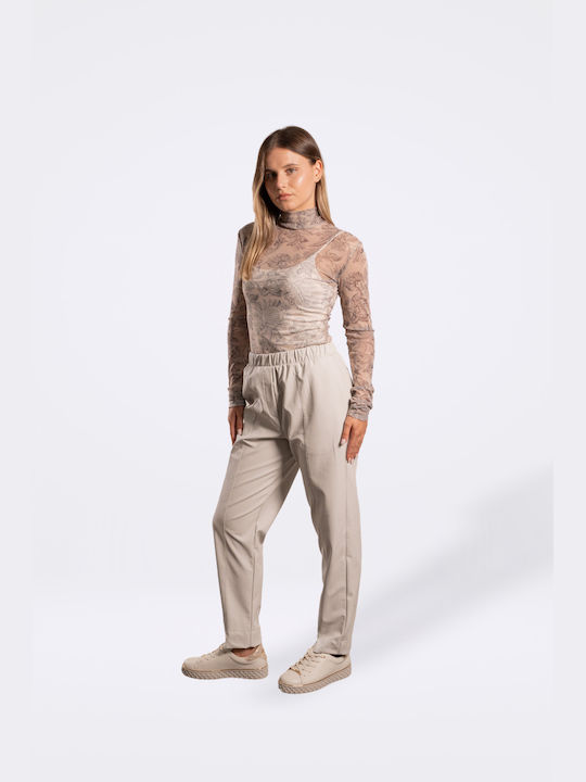 Moutaki Damen Leder Hose mit Gummizug in Gerader Linie Stone