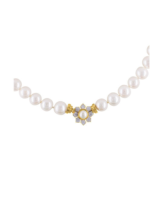 K14 Gold Handmade Necklace with White Pearls and Zircon Clasp F125603