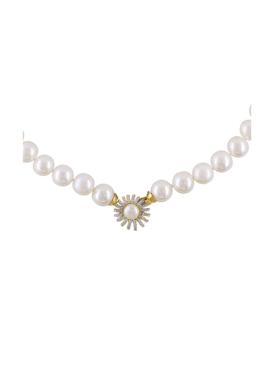 Handmade 14K Gold Necklace with White Pearls and Zircon Clasp F125604