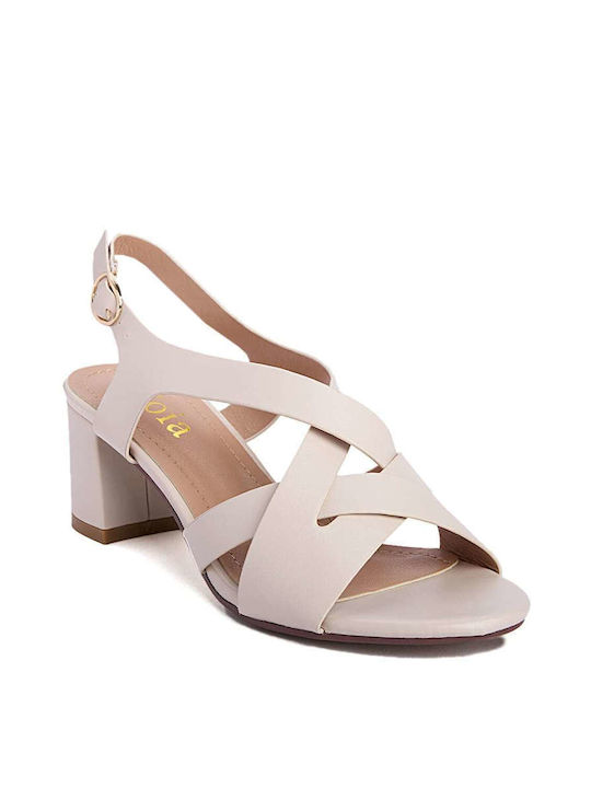 Keep Fred Synthetic Leather Women's Sandals Beige with Chunky Medium Heel