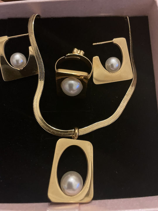 Set with Necklace , Earrings & Ring from Steel Gold Plated with Stones