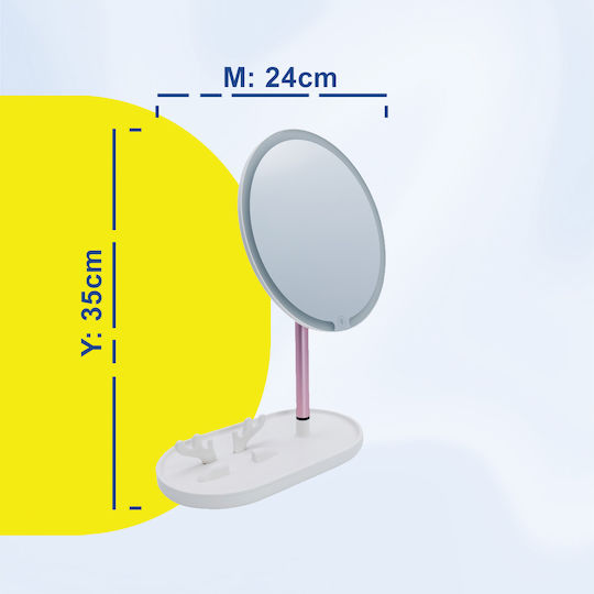 Tabletop LED Lighted Makeup Mirror Round with Phone Holder, Adjustable Mirror and Lighting Angle, USB Cable Connection 24x14x35cm