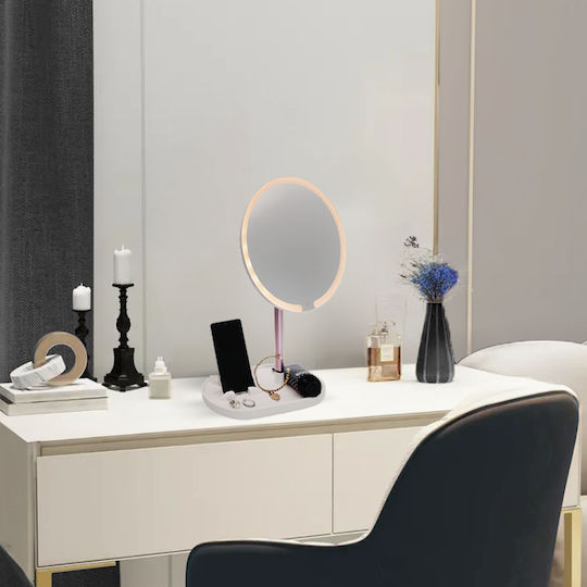 Tabletop LED Lighted Makeup Mirror Round with Phone Holder, Adjustable Mirror and Lighting Angle, USB Cable Connection 24x14x35cm