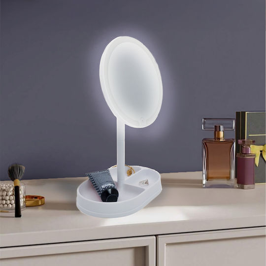Tabletop Round LED Lighted Makeup Mirror with Jewelry Base, Skincare Products, Accessories, Adjustable Mirror and Lighting Angle, USB Cable, 21x14x32cm, White