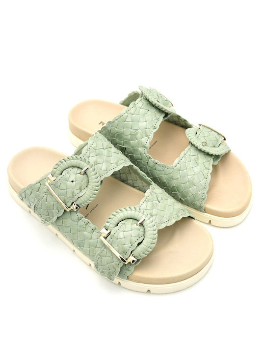 Pons Quintana Leather Women's Flat Sandals Flatforms in Green Color