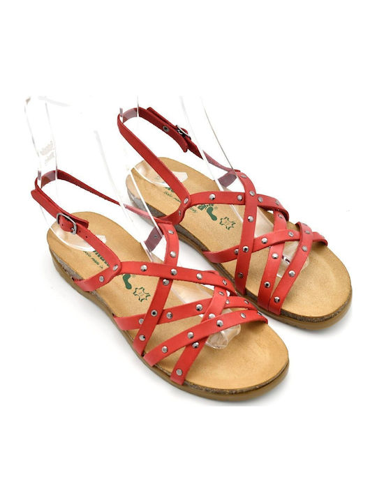 Leather Women's Flat Sandals Anatomic in Red Color