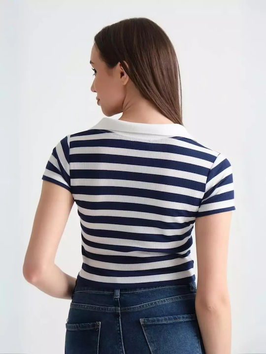 Women's Crop Top Cotton Short Sleeve Striped Navy Blue