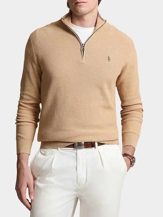 Ralph Lauren Herren Langarm-Pullover Ausschnitt mit Reißverschluss Biege