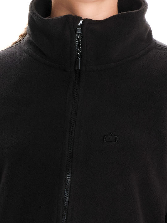 Fleece Γυναικεία Ζακέτα με Φερμουάρ σε Μαύρο Χρώμα