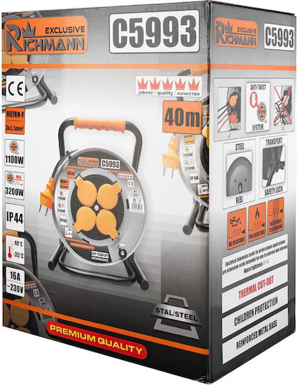 Richmann Cablu de prelungire 4 locuri cu cablu de 40m Diametru 3 x 2.5mm² Rezistent la apă Neagră