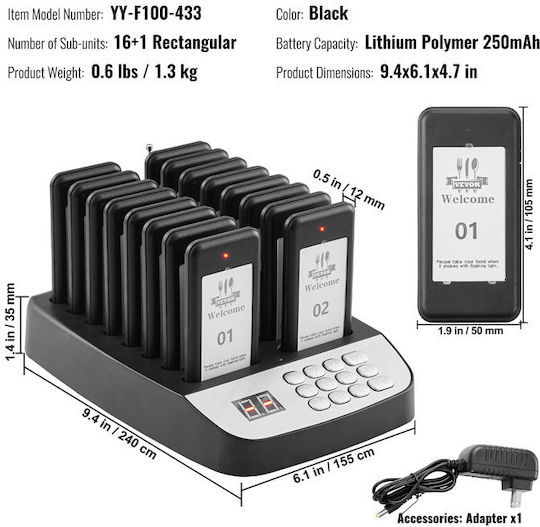 Wireless Customer Order Notification System for Restaurants 98 Channels 16 Devices Vevor Dcpqcqjxajfx2yzs0v2