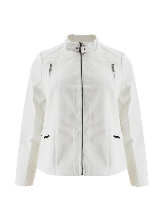 Mat Fashion Women's Long Biker Artificial Leather Jacket for Winter White