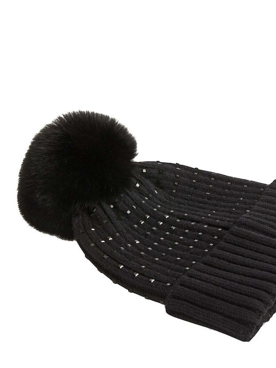 Morgan Pom Pom Beanie Beanie with Rib Knit in Black color