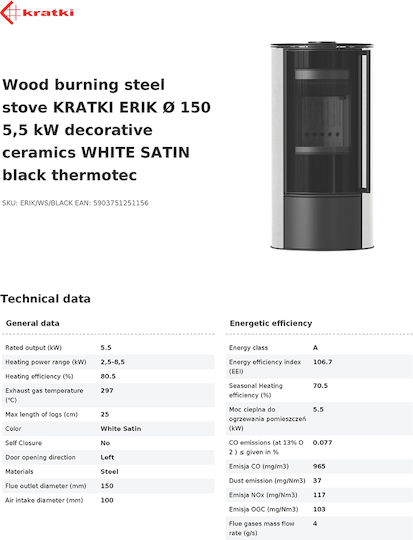 Kratki ERIK WS Ceramică Soba pe lemne 5.5kW White Satin
