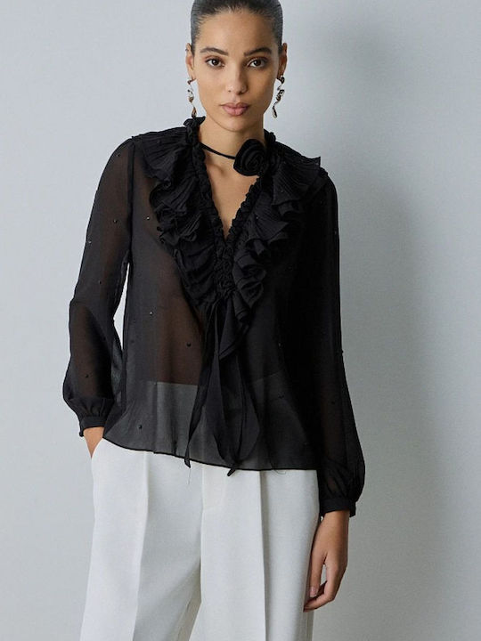 Women's Blouse Long Sleeve with V Neckline Floral Black