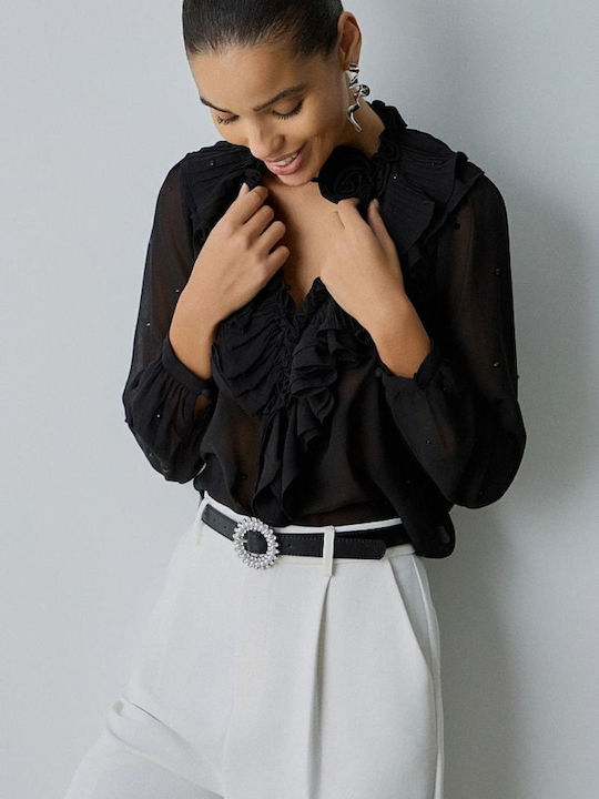 Women's Blouse Long Sleeve with V Neckline Floral Black
