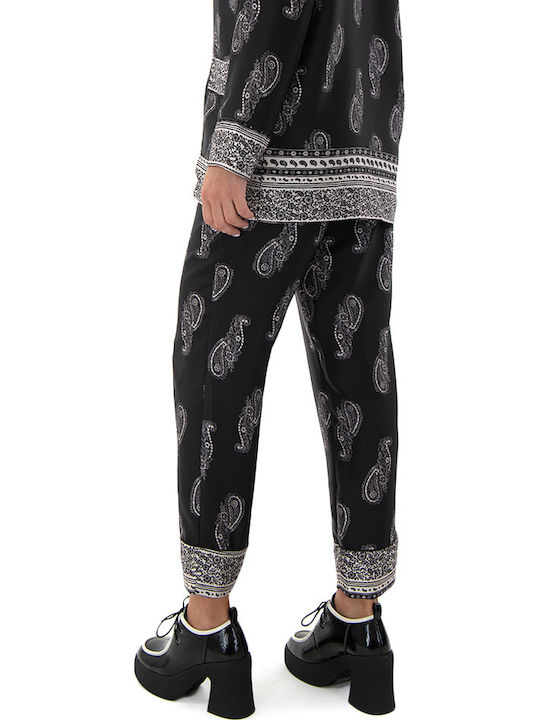 Women's Fabric Trousers with Elastic Straight Line Ecru-black