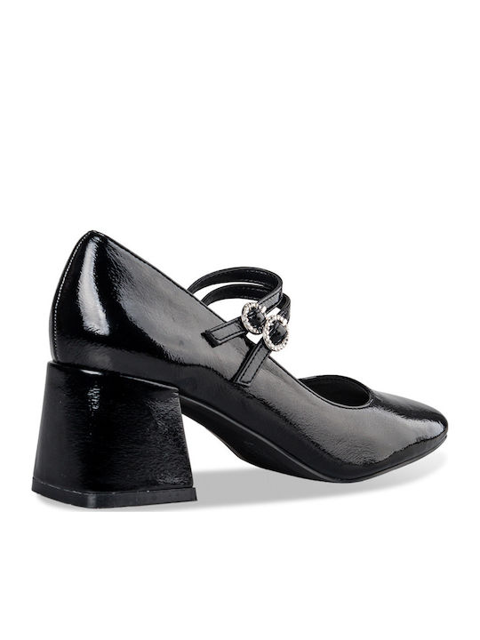 Synthetic Leather Black Heels with Strap