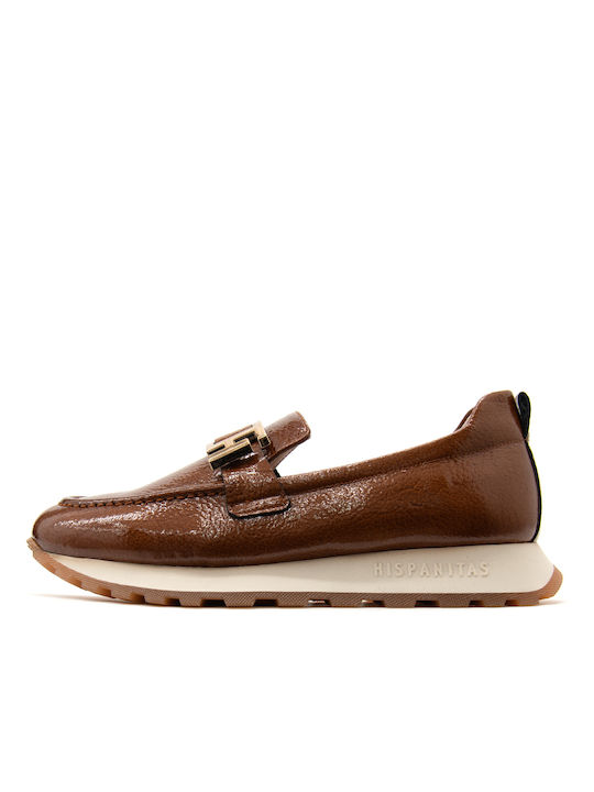 Hispanitas Patent Leather Women's Moccasins in Tabac Brown Color