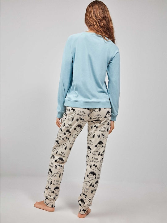 Gisela Winter Damen Pyjama-Set Baumwolle Hellblau snoopy