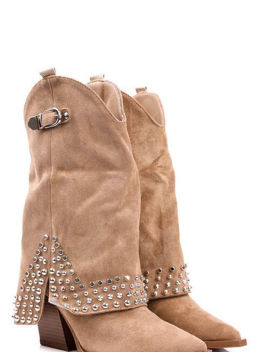 Dark Beige Western Boots with Metallic Details