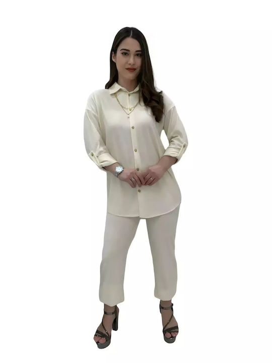 Collection Femei Beige Set cu Pantaloni cu Elastic cu Linia Dreaptă