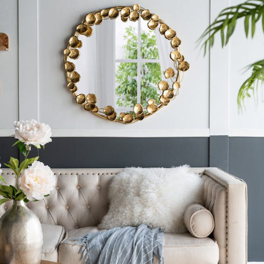 Artekko Leaf Wall Mirror with Gold Metallic Frame Diameter 90cm 1pcs