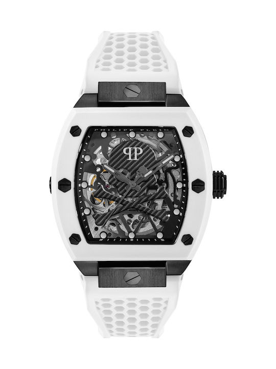 Philipp Plein Skeleton Uhr Batterie mit Weiß Kautschukarmband