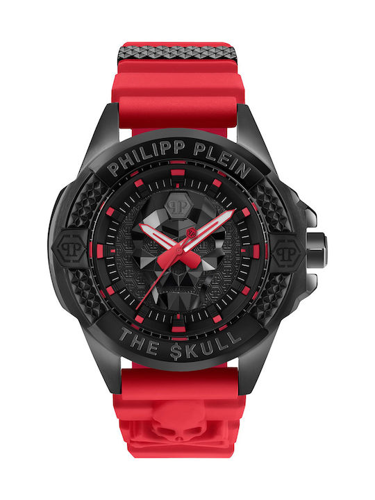 Philipp Plein Skull Uhr Batterie mit Rot Kautschukarmband