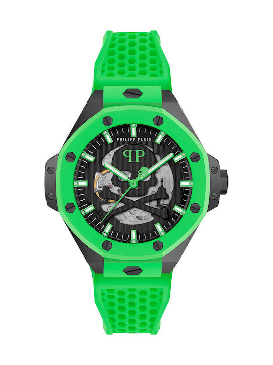 Philipp Plein Skeleton Watch Battery with Green Rubber Strap