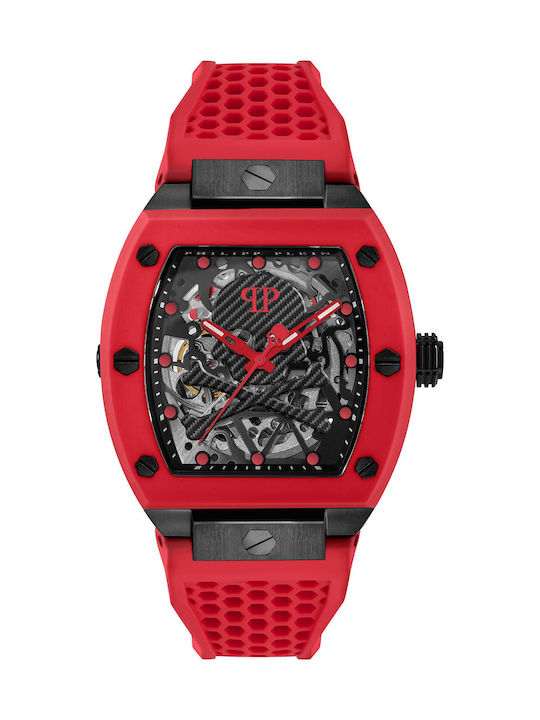 Philipp Plein Skeleton Watch Battery with Red Rubber Strap