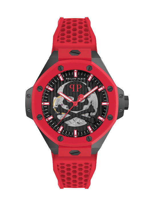 Philipp Plein Skeleton Watch Battery with Red Rubber Strap