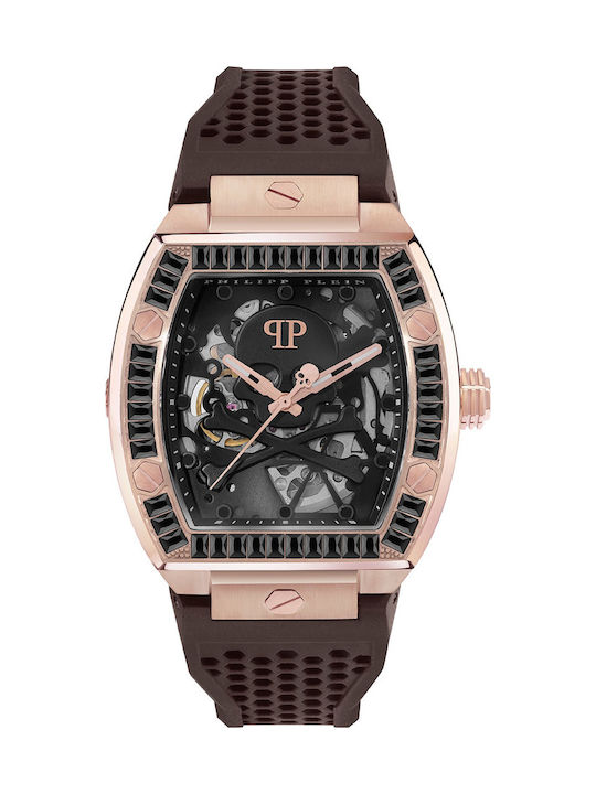 Philipp Plein Skeleton Watch Battery with Brown Rubber Strap