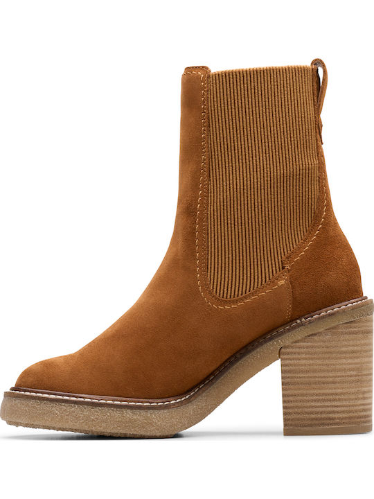 Top Mid Suede Women's Chelsea Boots with High Heel Brown