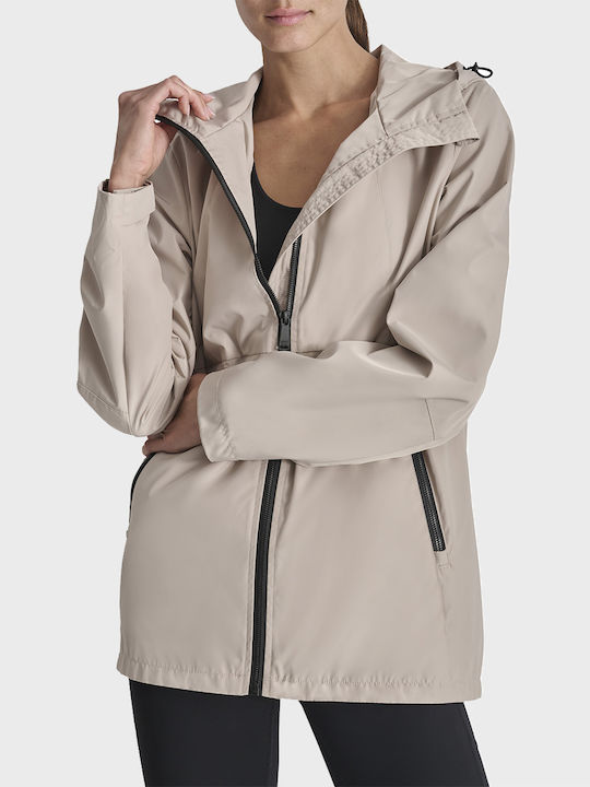 DKNY Women's Short Lifestyle Jacket Windproof for Spring or Autumn with Hood Biege